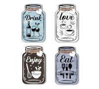 PH PandaHall 4pcs Jar Kitchen Wall Decor, Eat Drink Love Wooden Jar Sign Decor Kitchen Hanging Signs Dining Sign Farmhouse Eat Sign Board with Hemp Rope for Home Bar Cafe Decor, 15x9cm