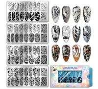 PH PandaHall 4pcs Marble Texture Nail Stamping Plate Wave Stripe Nail Art Stamper French Line Nails Art Plates Stone Cracked Nails Design Stamp for DIY Women Manicure Salon Design Printing