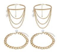 PH PandaHall 4pcs Multi-Layered Tassel Anklet 2 Styles High Heel Anklet Chains Golden Foot Chain Punk Cable Chain Anklets with Pearl for Women Shoes Decor Jewelry Accessories, 18-23cm