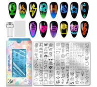 PH PandaHall 4pcs Neon Elements Nail Stamping Plates Flower Letters Nail Art Templates Start Heart Manicure Art Stencils Musical Notes Food Nails Design Stamp for DIY Women Manicures Salon Printing