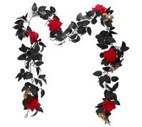 PH PandaHall 5.7ft Artificial Black Rose Vine, Red Flower Vine Garland Floral Wall Hanging Ornament Garland with Golden Berries Black Leaves for Table Centerpiece Room Mirror Home Decor