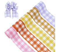 PH PandaHall 5 Rolls 50 Yards Wired Edge Ribbon, 2.2 inches Spring Gingham Patterned Ribbons Coloured Plaids Craft Fabric Ribbon for DIY Gift Christmas Decorations Wrapping Bow Wreath Crafts Supplies