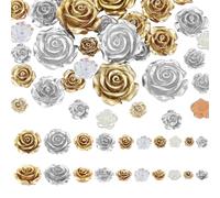 PH PandaHall 5 Sizes Rose Cabochons 50pcs Flower Beads 2 Colors Flatback Floral Cabochons No Hole Resin Rose Beads Golden Silver Flower Decor for DIY Craft Phone Case Hairpin Jewelry Making Supplies
