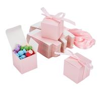 PH PandaHall 50 Pack Pink Gift Boxes, Kraft Paper Box with Lid Foldable Treat Boxes Small Jewellery Party Favor Box with Ribbon for Valentine's Day Wedding Party Candy Candle Baptism Packing, 5x5x5cm