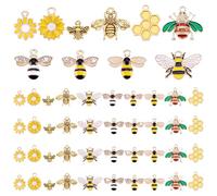 PH PandaHall 50pcs Gold Bee Pendant Charm Mini Honeycomb Charms Flower Charm, 10 Styles Tibetan Style Alloy Rhinestone Bee Pendants Cute Insect Charms for Earrings Necklace Bracelet Jewelry Making