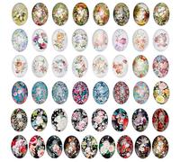 PH PandaHall 50pcs Oval Glass Cabochons, 25x18mm Flower Printed Glass Cabochons Vintage Mixed Color Mosaic Tile for Craft Photo Pendant Earring Necklace Keychain Jewellery Making