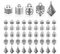 PH PandaHall 50pcs Tibetan Style Cord Ends 5 Styles 9~15mm Inner Diameter Large Size Glue-in Cord Terminators Barrel End Tip Silver Cord Caps with Loop Ring for Jewelry Tassel Keychain Bag Pendant