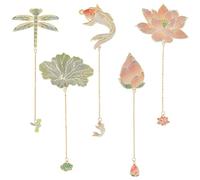 PH PandaHall 5pcs Chinese Style Bookmarks Plant Metal Bookmark with Chains Lotus Dragonfly Fish Leaf Book Page Marker Flower Book Markers for School Teacher Reader Gifts Writers Office
