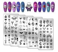 PH PandaHall 5pcs Gothic Skull Nail Stamping Plates Horror Flame Nails Art Stencils Moon Star Manicure Art Templates Butterfly Flower Print Nail Stencils for Women Manicures Salon Designs, 12x6cm
