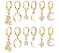 PH PandaHall 6 Styles 18K Gold Plated Huggie Earrings 6 Pairs Star Moon CZ Hoop Earrings Micro Pave Cubic Zirconia Earring Golden Crescent Drop Dangle Earring for Valentines Christmas Mother's Day