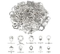 PH PandaHall 60 Sets Flower Toggle Clasps 10 Styles T-bar Closure Clasps Toggle Jewellery Clasp Flower Leaf Bird Metal Bar Ring Clasp Connectors for Necklace Bracelet Jewellery Making, Antique Silver