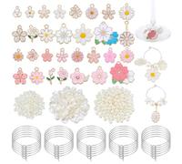 PH PandaHall 60 Sets Flower Wine Glass Charms, DIY Personalized Wine Charms 240pcs White Pearl Beads Charm 60 Floral Enamel Charm 60pcs Brass Rings for Glasses Wedding Birthday Holiday Party