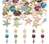 PH PandaHall 60pcs 15 Styles Starfish Enamel Shell Pendants Metal Spiral Shell Ocean Seashell Dangle Charms Beads for Beach Summer Hawaii Earring Necklace Bracelet Jewellery Making