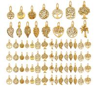 PH PandaHall 60pcs 15 Styles Tree of Life Pendant Leaves Pendant, Alloy Antique Tibetan Style Charms with Jump Rings for Bracelets Earrings Necklace DIY Jewelry Making, Golden