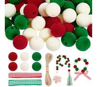 PH PandaHall 60pcs 16mm Velvet Beads Christmas Beads for Ornaments Acrylic Flocking Bead with 4m Red and Green Tartan Print Ribbon 10m Jute Cord for Christmas Crafts Tree Garland Decorationn