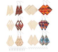 PH PandaHall 60pcs 6 Style Unfinished Wooden Earrings, Natural Rhombus Wooden Drop Earrings with 60pcs Hooks for Earrings, 60pcs Jump Rings for Jewellery