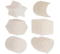 PH PandaHall 60pcs 6 Styles Wood Slices, Unfinished Blank Wood Pieces Wooden Discs Wooden Cutouts Round/Heart/Star/Square Shaped Embellishment for DIY Crafts Coasters Painting Carving Engraving