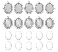 PH PandaHall 60pcs Pendant Tray Kit, 30pcs Oval Pendant Blank Bezels Platinum Pendants Trays Bases, 30pcs 25x18mm Clear Glass Cabochons Memorial Photo Charms for Wedding Bouquet Graduation Photo Charm
