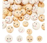 PH PandaHall 60pcs Spacer Wood Smile Beads 4 Sizes Wooden Face Beads Natural Face Print Round Beads Painted Wooden Loose Beads for Animal Model Head Bracelet Necklace Jewellery Making, 17-25mm