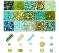 PH PandaHall 6178pcs 15 Colors Green Series Glass Seed Beads 5021pcs 2~4mm Glass Round Beads 1157pcs 4~6x2mm Tube Beads Kit Bugle Beads Loose Spacer Bead for Bracelet Necklace Jewellery Making