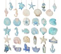 PH PandaHall 68pcs Wood Ocean Theme Hanging, Summer Cutouts Sea Animal Decorations 34 Styles Seashell Seahorse Starfish Nautical Hanging Ornaments with Ropes for Home Beach Small Tree Party