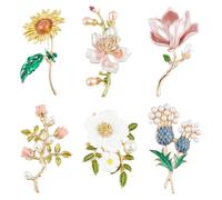 PH PandaHall 6PCS 6 Styles Flower Brooch Pins Enamel Rhinestone Lapel Pins Bouquet Flower Lapel Pin Imitation Pearl Floral Brooches Pin Golden Retro Brooch for Valentine Mother's Day Wedding Dress