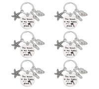 PH PandaHall 6PCS Beach Gift Keychain, The Beach is My Happy Place Keychain Starfish Conch Flat Round Beach Themed Gifts Key Chain Summer Graduation Gift for Ocean Beach, Antique Silver