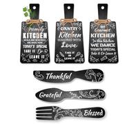 PH PandaHall 6pcs Cutting Board Eat Sign Set Black and White Chalk Text Wooden Hanging Signs, Rustic Dining Sign Decoration fork and Spoon Wall Decor for Kitchen and Home Decoration Art