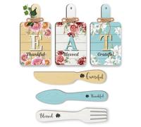 PH PandaHall 6pcs Flower Kitchen Wall Decor Wood Sign, Eat Sign Fork Spoon Wall Decor Hanging Plaques Farmhouse Cutting Board Sign with Hemp Rope for Home Kitchen Dining Living Room Bar Cafe