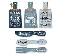 PH PandaHall 6pcs Kitchen Wall Decor Bless Food Sign Set Wall Table Accessories Wooden Pendant Decorations Mini Plaque Fork Spoon Shape Sign Rustic Style Home Dector Blue, 11x5.5/11.8x2