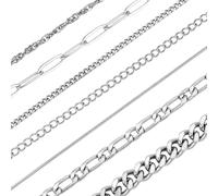 PH PandaHall 7 Styles Necklace Chains Set 304 Stainless Steel Rope/Paperclip/Twist Link/Cuban Link/Snake Chain Metal Chains Set for Necelace Jewellery DIY Statement Necklace for Men Women 6.5m