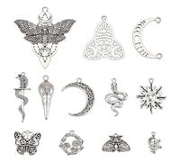 PH PandaHall 72pcs 12 Styles Gothic Charms Antique Silver Goth Pendants Butterfly Skull Tarot Charms Tibetan Moon Sun Phase Snake Moth Pendants for Jewellery Making Necklace Bracelet Earrings