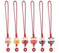 PH PandaHall 7pcs Lucky Cat Charm, Ceramic Beckoning Cat Keychains Keyrings Pendant Maneki Neko Ornament Mobile Phone Pendant with Coins Alloy Pendants