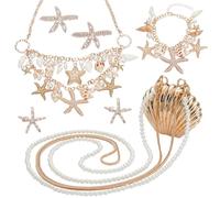 PH PandaHall 7pcs Seashell Starfish Jewelry Set Mermaid Jewelry Costume Accessories Pearl Collar Bib Pendant Necklace Bracelets Clip Crossbody Bags for Halloween Day Women Summer Sea Beach, Metal, No