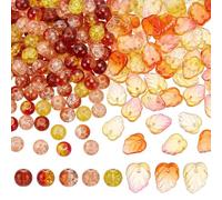PH PandaHall 8 Styels 260pcs Fall Glass Beads Leaf Bead 8mm Round Crackle Beads Yellow Orange Craft Bead Leaves Bead for Autumn Harvest Thanksgiving Jewelry Making Bracelet Necklace Earrings