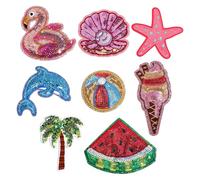 PH PandaHall 8 Styles Summer Iron on Sequin Patches 8PCS Ice Cream Watermelon Sew on Appliques Patches Beach Coconut Tree Embroidered Patch Dolphin Appliques for DIY Clothing Sewing Dress Hat Handbag