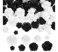 PH PandaHall 80pcs 4 Sizes Resin Rose Cabochons Flower Cabochons White Floral Flatback Cabochons Black Undrilled Resin Rose Bead Charms for Jewelry Making Hair Clip Crafts, 22/18/14.5/9.5mm