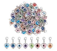 PH PandaHall 80PCS 8 Styles Heart Evil Eye Pendants Hollow Heart with Round Eyes Charm Platinum Love Charm with Lobster Claw Clasp Eye Clip on Pendant for Valentine's Day Jewellery Making Necklace