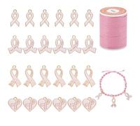 PH PandaHall 80pcs Breast Cancer Awareness Charms Pink Ribbon Charms Hope Pendants Heart Charm Beautiful Brave Dangle Pendant with Waxed Cord for Women Jewelry Making Bracelet Necklace Earrings Crafts