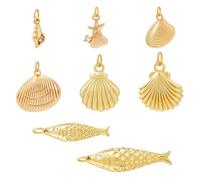 PH PandaHall 8Pcs 18K Gold Plated Brass Pendants Summer Ocean Charm Sea Theme Marine Life Charms Lucky Carp Fish Shell Charm for Summer Jewellery Earring Bracelet Necklaces Making