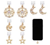PH PandaHall 8PCS Dust Plug Charms 4 Styles Hollow Moon Star Phone Charms Rhinestone Port Caps Protector Type-C Charging Port Plug Bulk Golden Heart Mobile Dustproof Plugs for Most Type-C Cell Phone