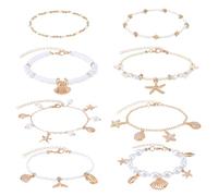 PH PandaHall 8pcs Ocean Themed Anklets for Women, Hawaiian Starfish Shell Charm Beaded Anklets Adjustable Seashell Ankle Bracelets for Beach Vacation Summer Jewelry Outfits Accessories