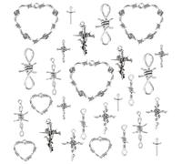 PH PandaHall 9 Styles Barbed Wire Chain, 54pcs Cross Charm Pendants Jewellery Making Charms Heart Charms Alloy Connector Links Hand Chain Charm for Earring Necklace Bracelet Keychain, 0.7~1.8 inch