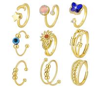 PH PandaHall 9 Styles Gold Fidget Anxiety Rings Adjustable Spinner Ring, 15~20mm Sunflower Moon Star Four Leaf Bead Fidget Rings for Women Birthday Gift Fashion Accessory