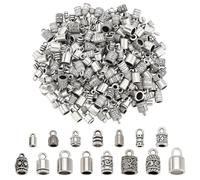 PH PandaHall 90PCS Cord End Caps 15 Styles Antique Silver Leather Tassel Cap Alloy Tube Barrel End Tip Cord Link Buckle Glue-in End Cap for DIY Kumihimo Bracelets Necklaces Jewellery Making