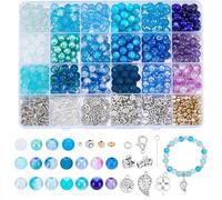 PH PandaHall 944pcs Blue Purple Glass Beads Kit, 18 Style 8mm Round Glass Bead Craft Spacer Beads Loose Bead Silver Charms Pendants for Necklace Bracelet Jewellery Making DIY Craft
