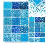 PH PandaHall 9600pcs Blue Craft Beads 12 Styles Glass Seed Beads 2/3/4mm Pony Bead with Glass Bugle 6mm Faceted 2 Style Flat Round Paillette Sequins Bead for Jewelry Making