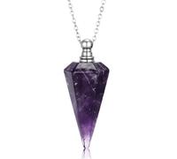 PH PandaHall Amethyst Perfume Vial Charm Hexagonal Pointed Essential Oil Diffuser Necklace Faceted Cone Crystal Bottle Pendants with Stainless Steel Chain Purple Stone Necklace for Women Jewellery