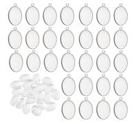 PH PandaHall Bezel Pendant Tray 20pcs Cabochon Blank Base 25x18mm Cabochon Bezel Settings 304 Stainless Steel Oval Photo Charms with 20pcs Glass Cabochons for Jewelry Making Bridal Wedding Bouquet