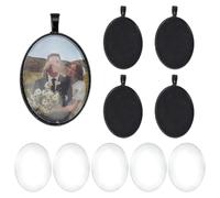 PH PandaHall Black Photo Charms Blank Bezel Kit, 5pcs Tibetan Oval Pendant Tray Blank 5pcs 40x30mm Glass Clear Cabochon Dome Photo Pendants for Necklace Wedding Bouquet Graduation Photo Charm